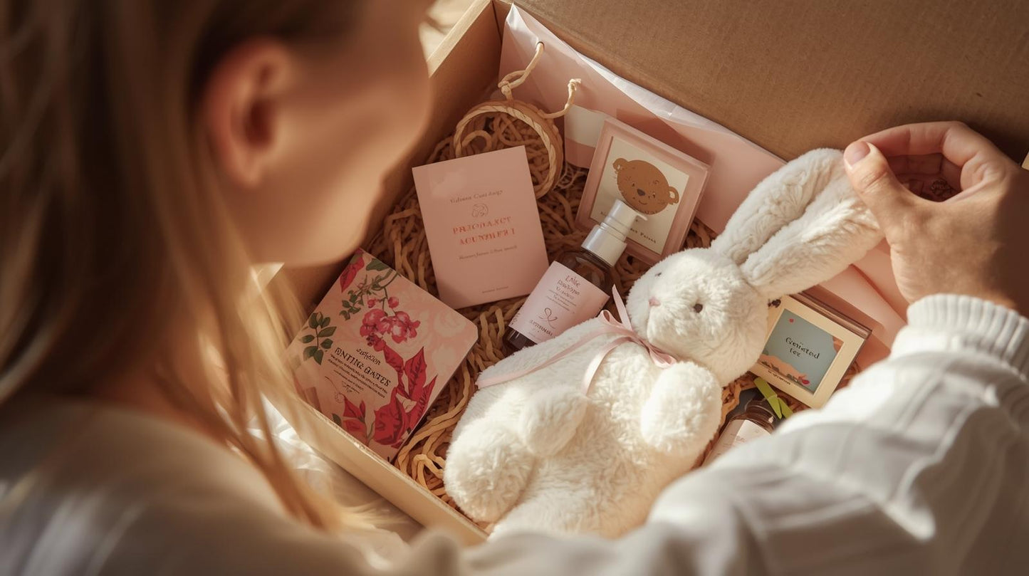 Future maman ouvrant une box grossesse avec doudou et produits naturels — abonnement 6 mois"