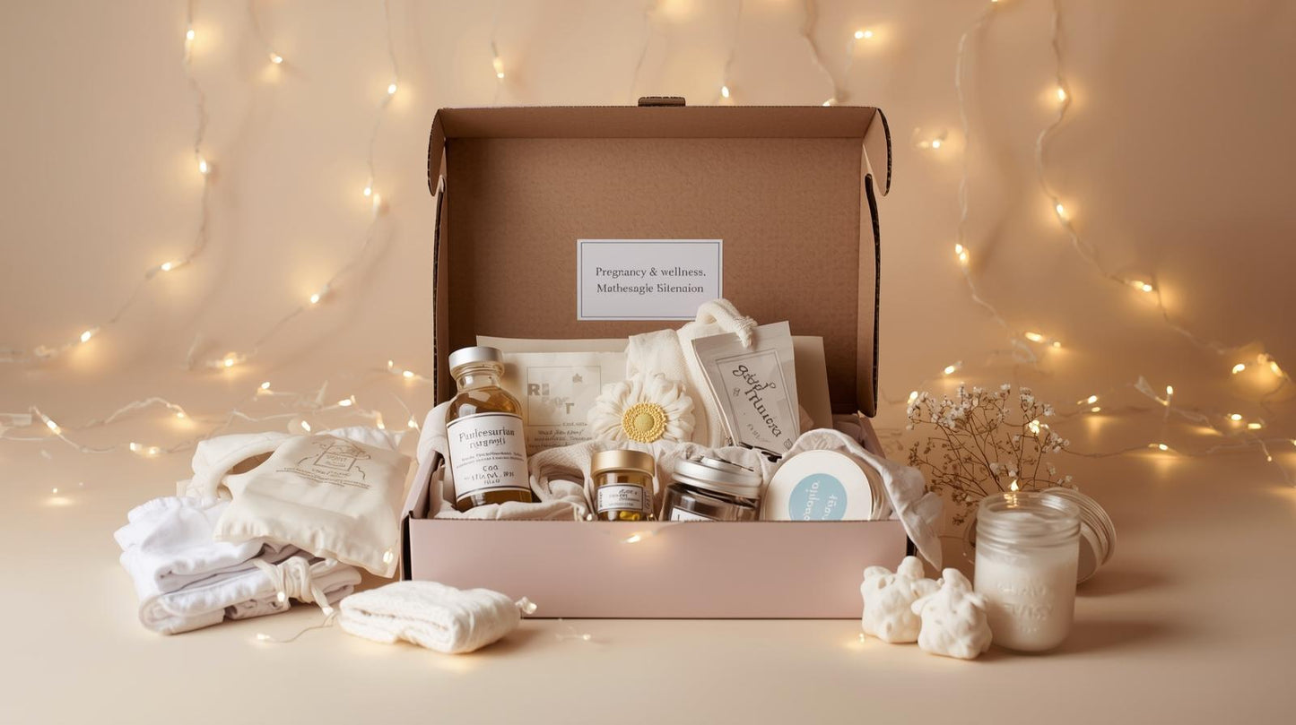 « Box grossesse premium contenant des produits naturels et accessoires bien-être pour futures mamans, dans une ambiance douce et lumineuse. »