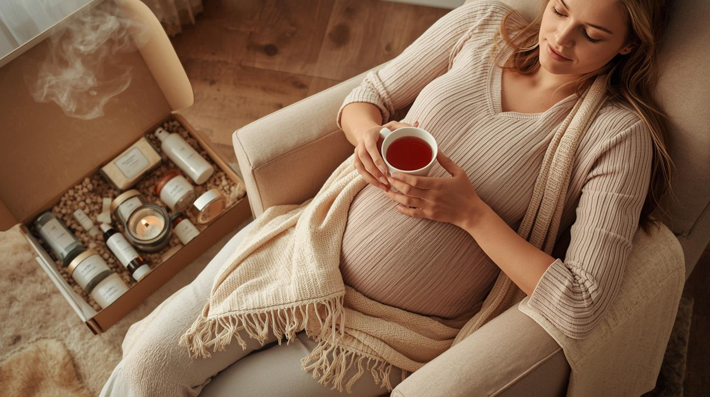 Femme enceinte détendue avec une box bien-être grossesse ouverte — abonnement 6 mois"
