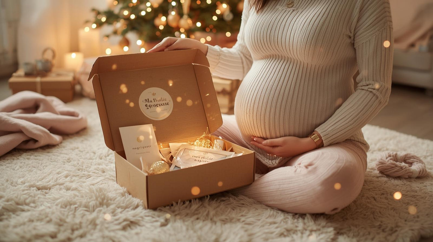 "Box Ma Bulle de Grossesse de Noël ouverte avec lumière magique, future maman assise au sol en ambiance cocooning ,Future maman ouvrant sa box Ma Bulle de Grossesse édition spéciale Noël, ambiance chaleureuse et scintillante devant le sapin ,Maman enceinte découvrant la box de Noël Ma Bulle de Grossesse, décor scandinave et guirlandes dorées"