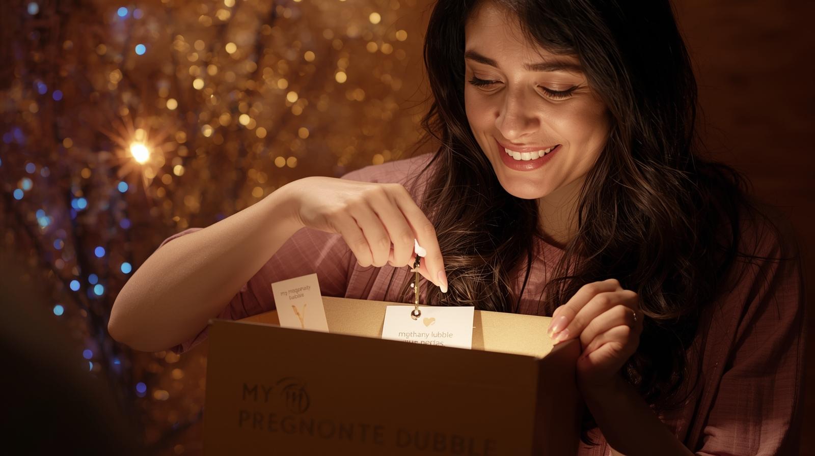 « Future maman ouvrant un coffret grossesse 3 mois – moment de bien-être et de découverte, box maternité pleine de surprises. »