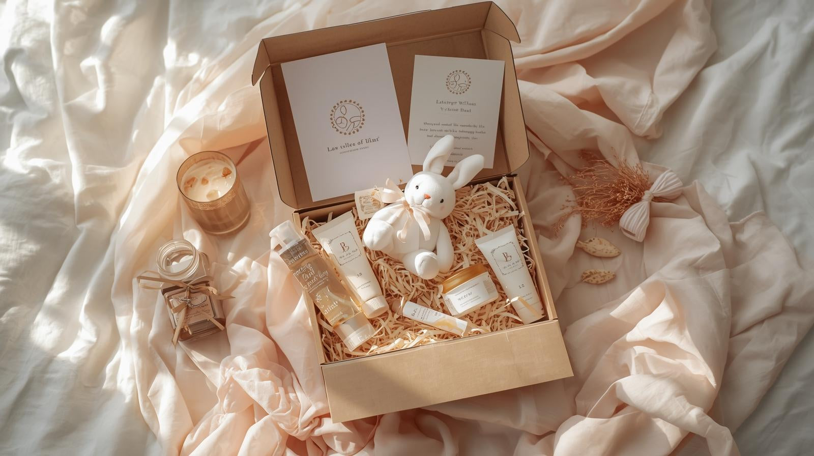 Coffret grossesse avec soins naturels, doudou et accessoires — contenu abonnement 6 mois"