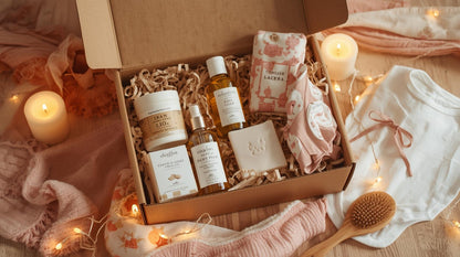 « Box grossesse naturelle contenant soins, accessoires bien-être et produits pour futures mamans, dans une ambiance douce et chaleureuse. »
